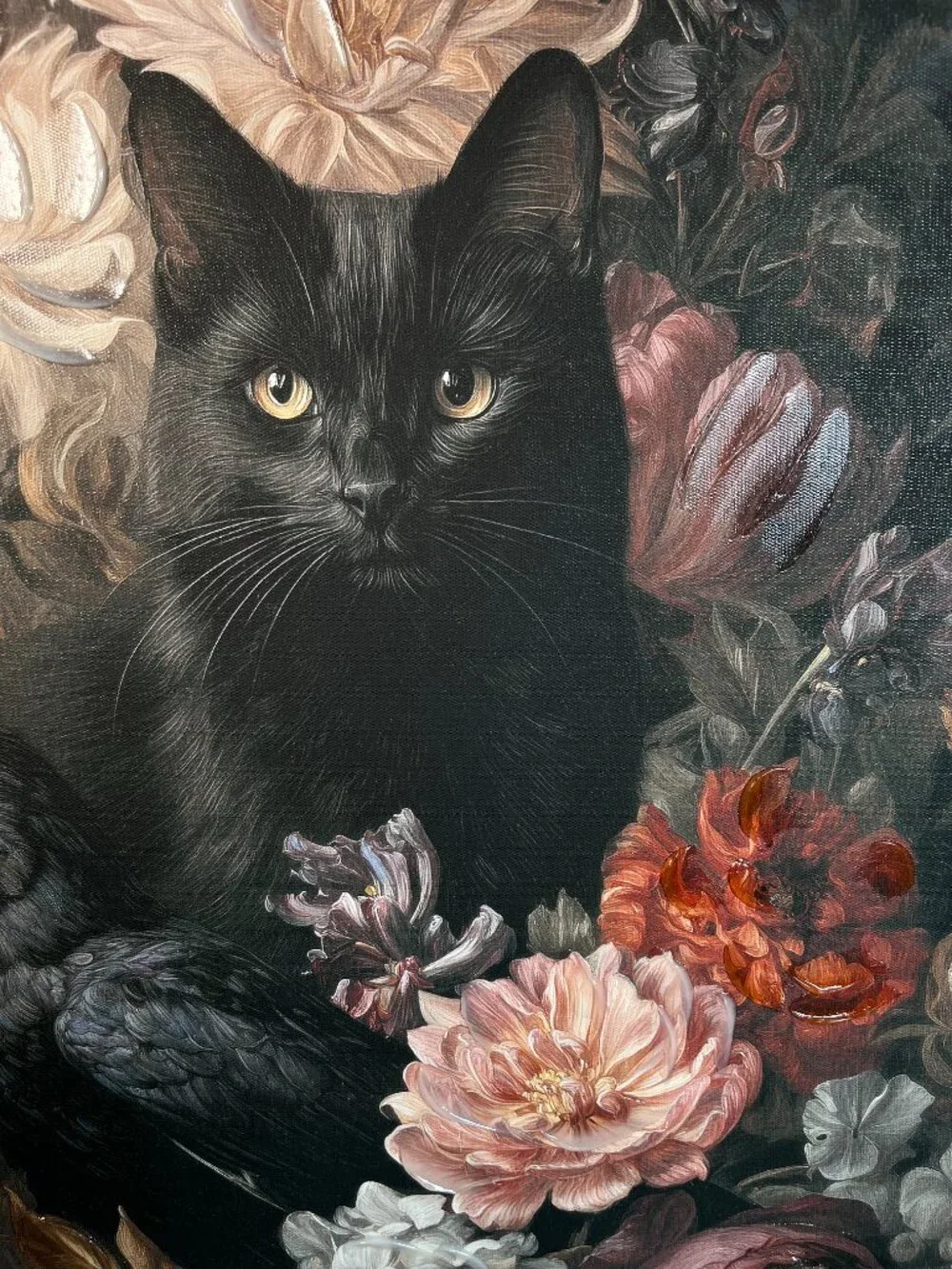 Oliver Art Black Cat & Crow w/Flowers/Floral Canvas Wall Art